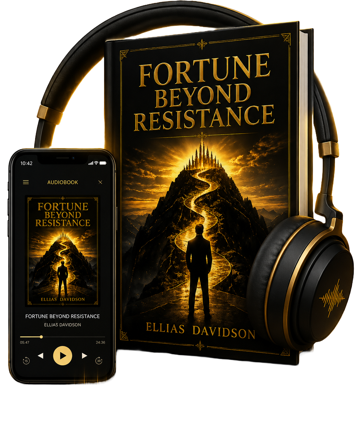 Fortune Beyond Resistance eBook and audiobook bundle with phone and headphones